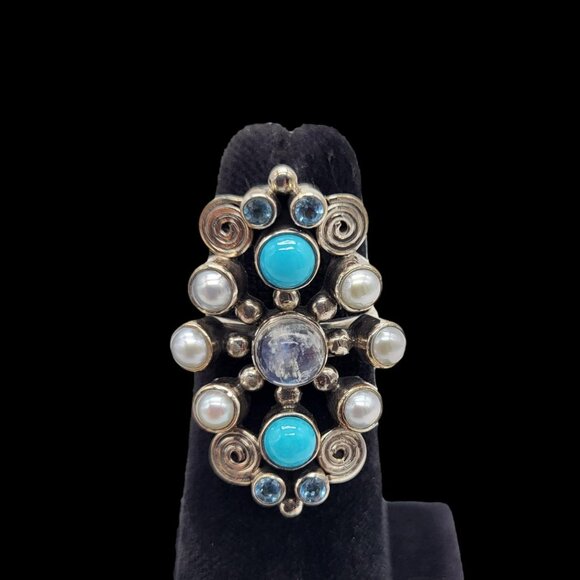 Nicky Butler Sz 7.5 Turquoise Gems Pearl Scroll Ring .925 Sterling Silver Size - Picture 2 of 9
